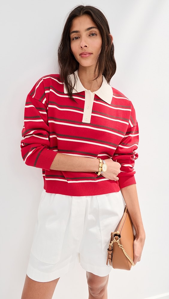 Zadie Cropped Polo - Burgundy Stripe