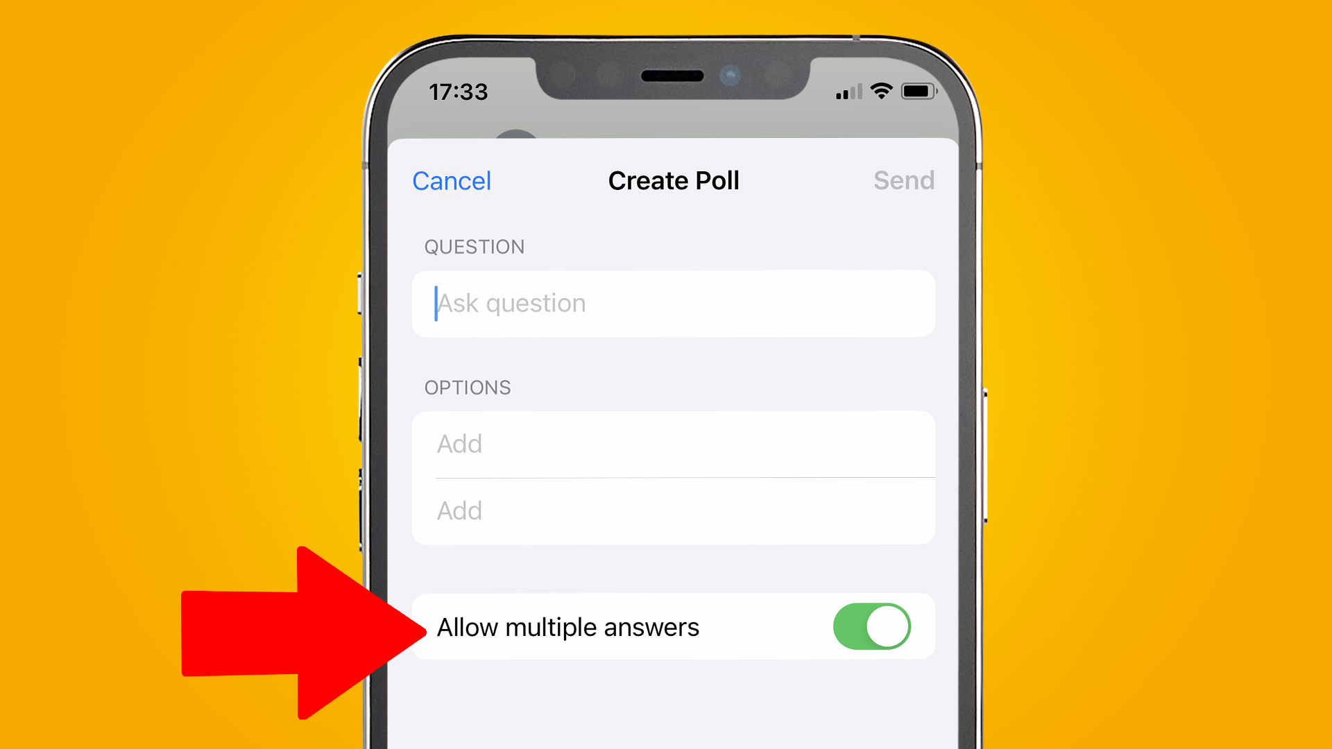 An iPhone screen on a yellow background showing a new WhatsApp feature