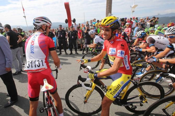 Alberto Contador and Joaquim Rodriguez before the start of stage 17 of the Vuelta a Espa&ntilde;a.