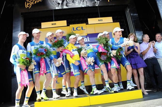 Orica-GreenEdge celebrate their victory in the TTT