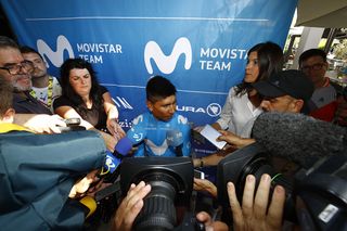 Nairo Quintana (Movistar) meets the press on the second rest day at the Tour de France