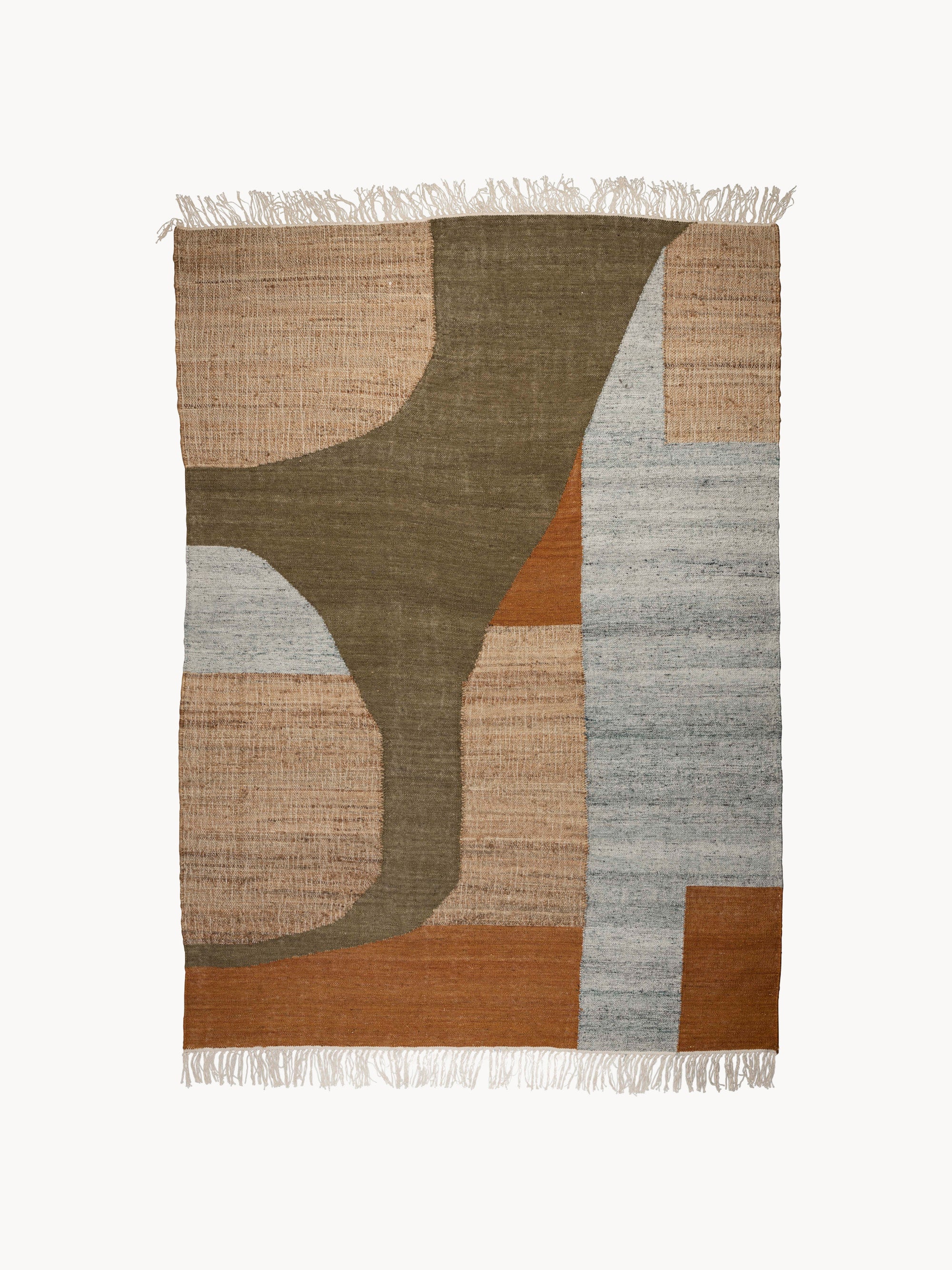 Hand-Woven Wool Low-Pile Rug Pavilion With Tassels &amp;ndash; W 160 X L 230 Cm (size M) &amp;ndash; Brown Tones, Light Grey