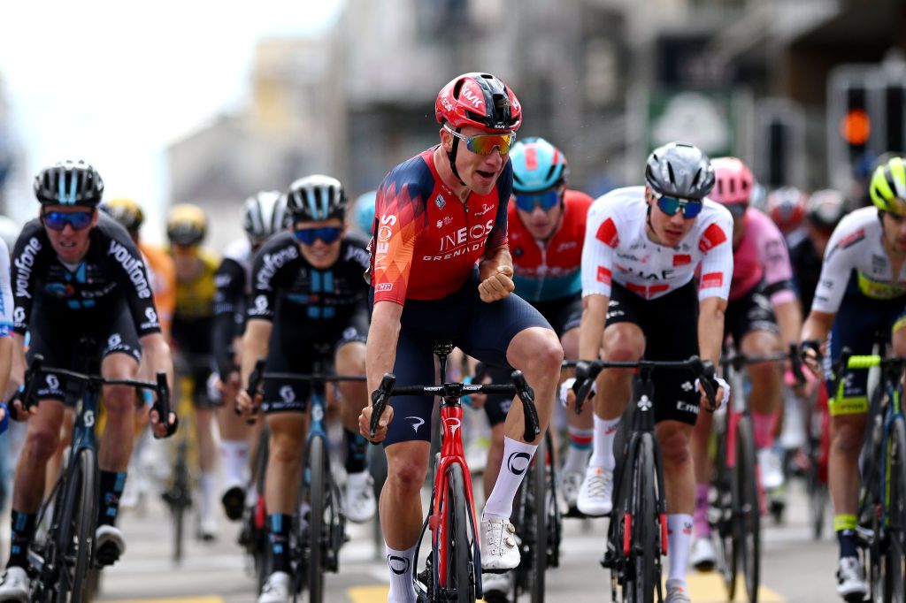 LA CHAUXDEFONDS SWITZERLAND APRIL 27 Ethan Hayter of United Kingdom and Team INEOS Grenadiers celebrates at finish line as stage winner during the 76th Tour De Romandie 2023 Stage 2 a 1627km stage from Morteau to La ChauxdeFonds UCIWT on April 27 2023 in La ChauxdeFonds Switzerland Photo by Dario BelingheriGetty Images
