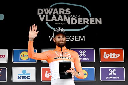 WAREGEM, BELGIUM - APRIL 01: Filippo Ganna of Italy and Team INEOS Grenadiers celebrates at podium as race winner during the 80th Dwars Door Vlaanderen 2026 - Men's Elite a 184.6km one day race from Roeselare to Waregem / #UCIWT / on April 01, 2026 in Waregem, Belgium. (Photo by Dario Belingheri/Getty Images)