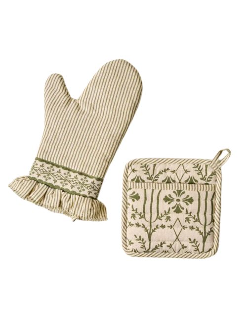 Magnolia Olive Pin Stripe Oven Mitt + Pot Holder Set