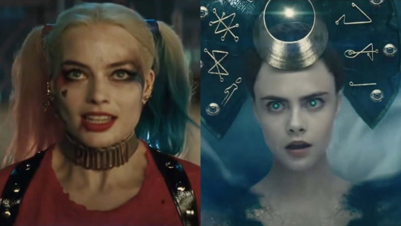 Margot Robbie as Harley Quinn and Cara Delevigne as Enchantress, pictured side by side, in Suicide Squad.