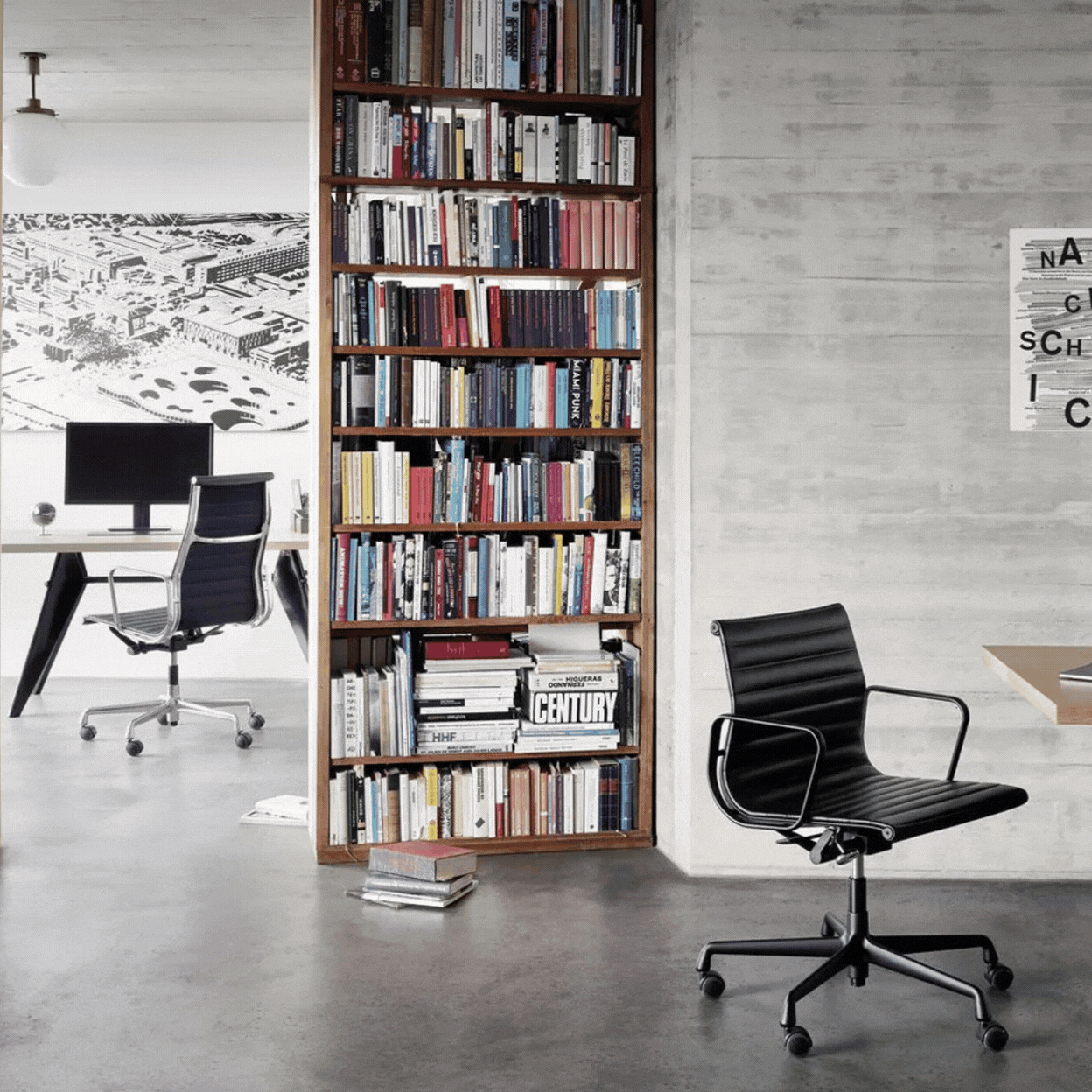 Vitra Aluminium Chair Ea 117 in an industrial-style office with cement walls and floors and a books-filled wooden bookcase, as well as shown as a product against pale gray background.