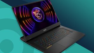 The MSI Titan GT77, one of the best 128gb ram laptops, against a two tone techradar background