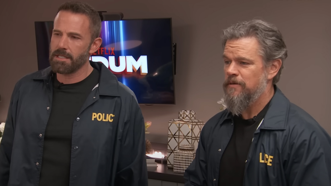 Ben Affleck and Matt Damon, both bearded and wearing blue jackets with yellow "Police" lettering, appear in a sketch for Tadum 2025.