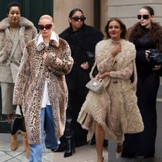 collage of women wearing faux fur coats