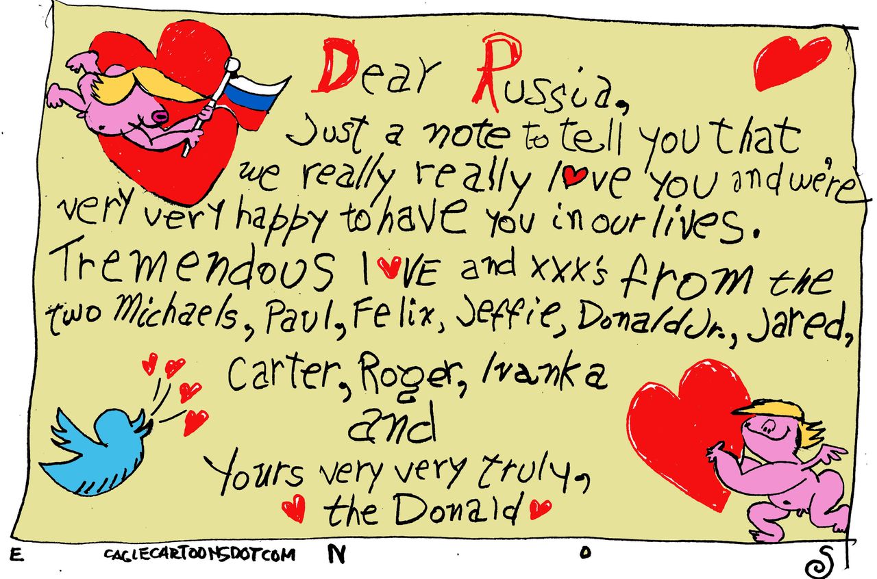 Political cartoon U.S. Trump Russian collusion love note