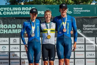 The U23 men's podium in the 2025 AusCycling Road National Championships, with Zac Marriage first, Fergus Browning second and John Carter third