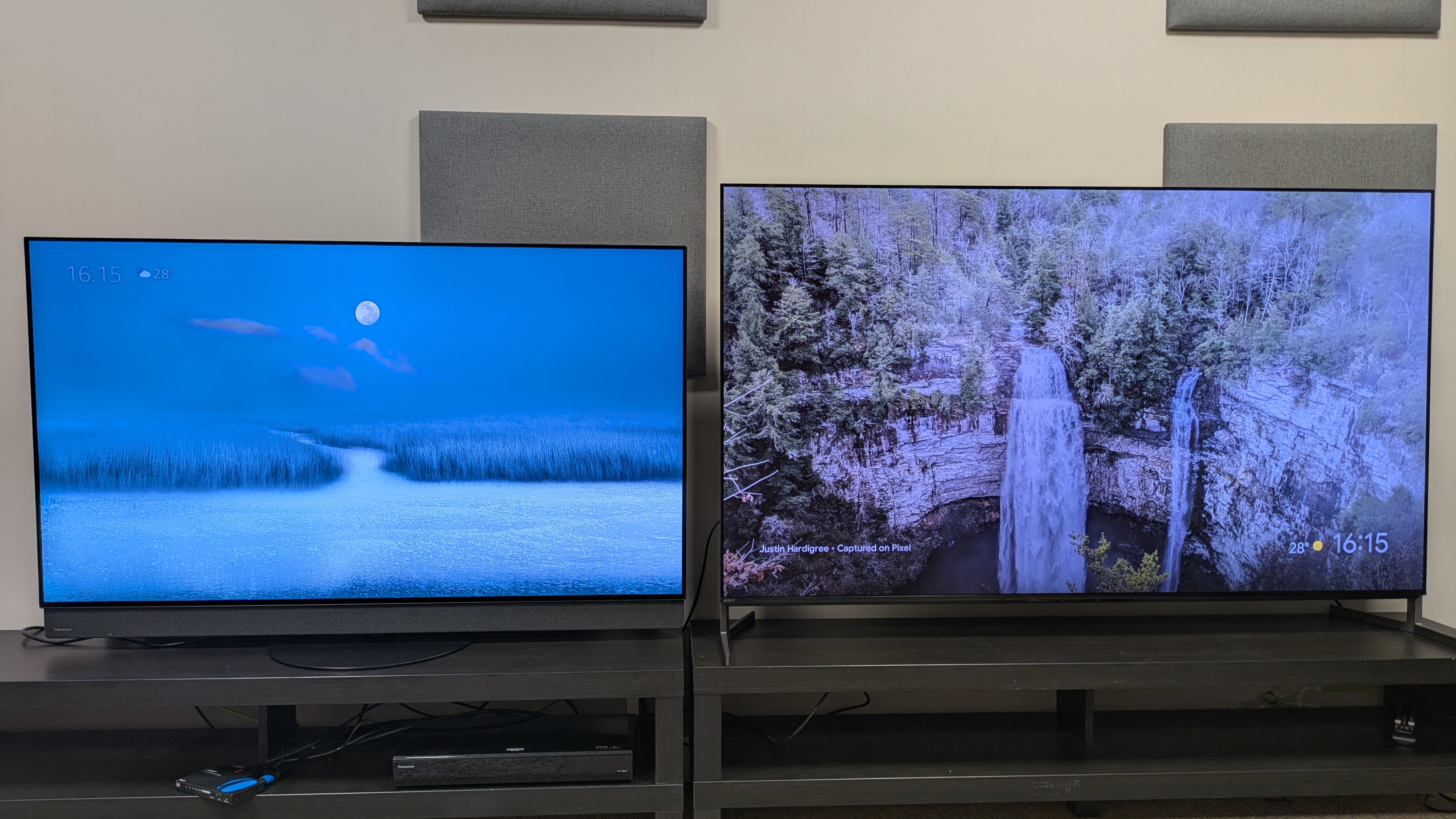 Panasonic Z95B (left) and Sony Bravia 8 II (right) displaying a moon (Panasonic) and a waterfall (Sony) as screensavers on screen