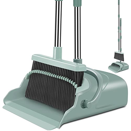 Kelamayi Upgrade Broom and Dustpan Set, Large Size and With Long Handle, Upright,ideal for Indoor Outdoor Garage Kitchen Room Office Lobby Use (green)