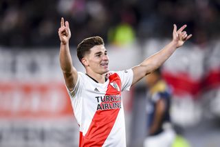 Julian Alvarez celebrates after scoring River Plate's sixth goal against Alianza Lima in a Copa Libertadores game in May 2022.