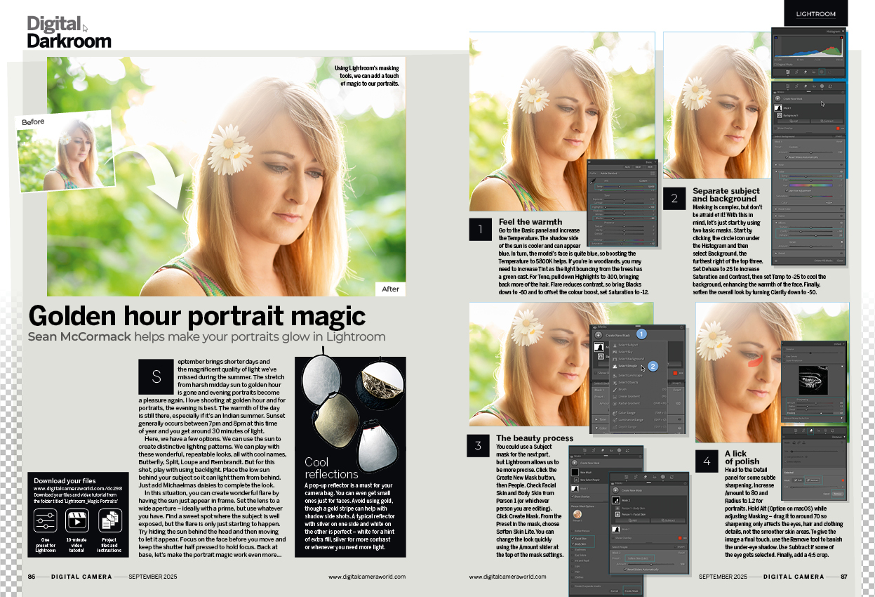 Image showing the Fundamentals tutorial in issue 298 (September 2025) of Digital Camera magazine, explaining how to make portrait photographs glow in Adobe Lightroom