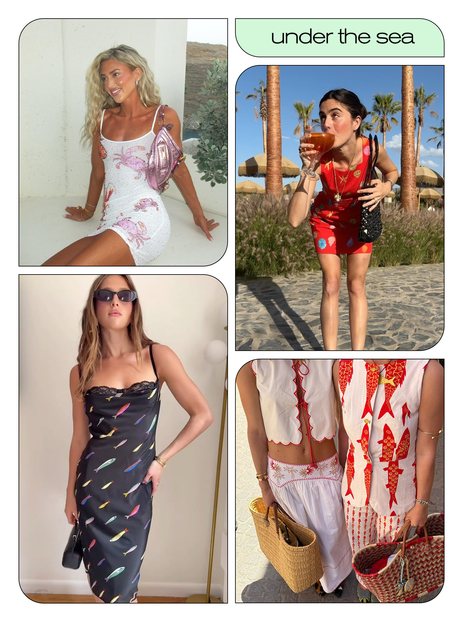 Women in ocean inspired
print clothing.
