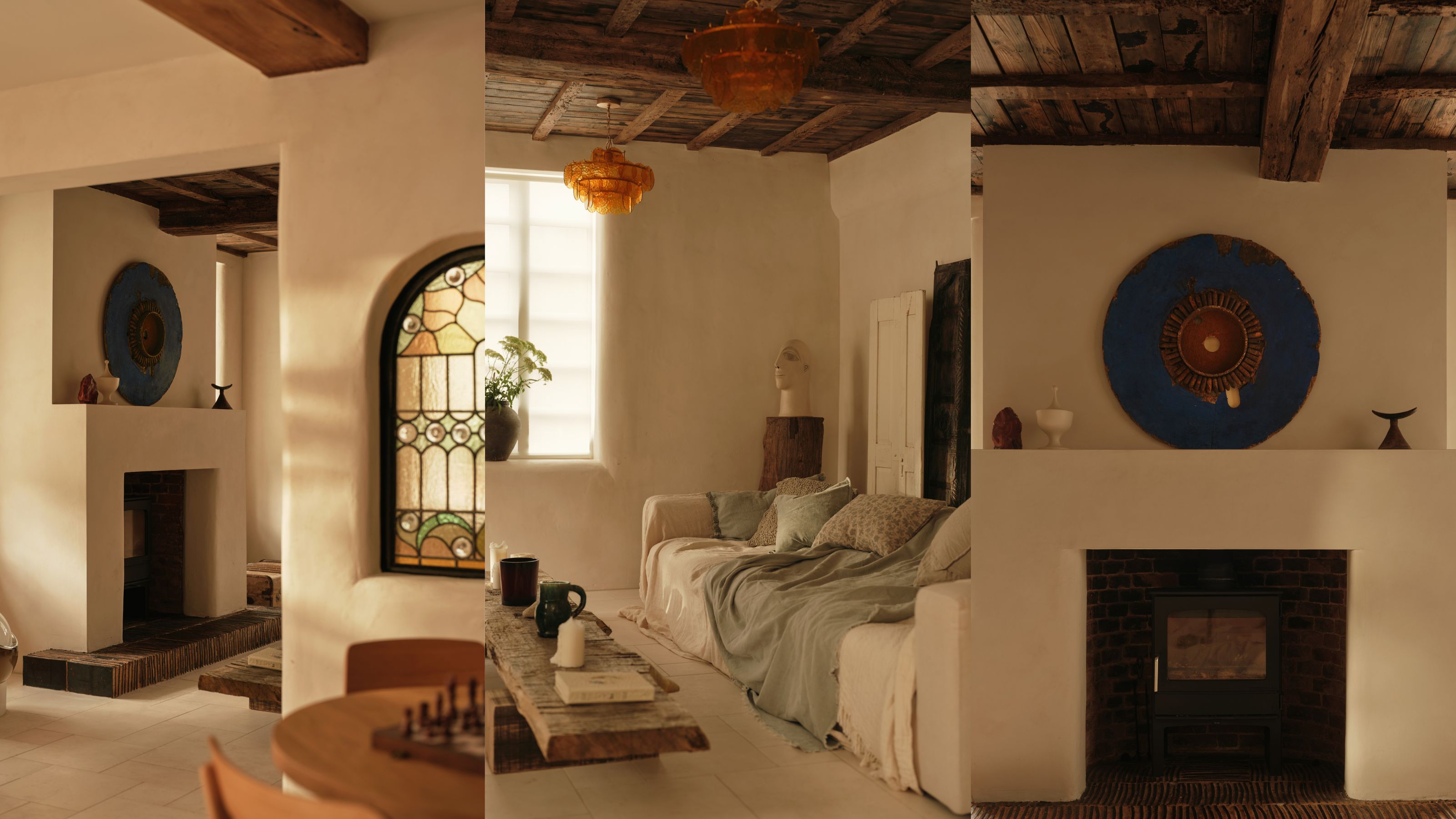 Three different shots and angles of a living room area designed by Jobe Burns. On the far left is a distant view of the firepit with a decor piece hanging above as well as a view of an internal window leading to the living area. In the middle is a shot of the living room with a sofa by the corner as well as a coffee table and the third picture is a full view of the firepit and decor piece