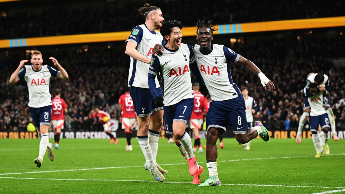 Son Heung-Min and his Tottenham Hotspur teammates celebrate a goal in a match against Manchester United