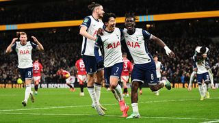 Son Heung-Min and his Tottenham Hotspur teammates celebrate a goal in a match against Manchester United