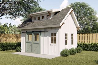 white farmhouse office shed