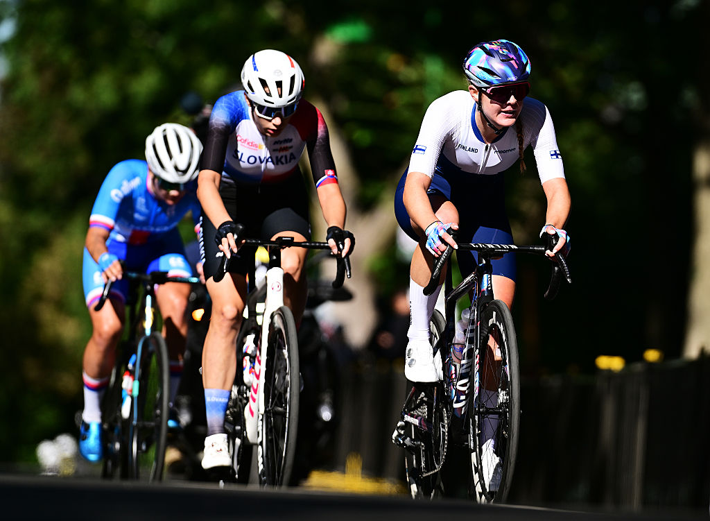 MONTREAL, QUEBEC - SEPTEMBER 24: (L-R) Sofia Ungerova and Team Slovakia and Wilma Aintila and Team Finland compete in the breakaway during the 99th UCI Road World Championships Montreal 2026, Women Under 23 Road Race a 134km one day race from Montreal to Montreal on September 24, 2026 in Montreal, Quebec. (Photo by Tim de Waele/Getty Images)
