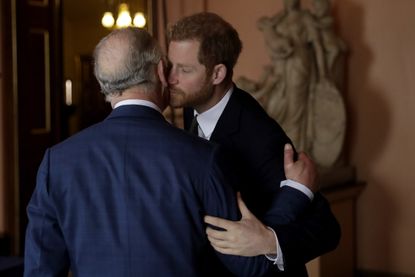 LONDON, ENGLAND - FEBRUARY 14: Prince Harry and Prince Charles, Prince of Wales arrive to attend the 'International Year of The Reef' 2018 meeting at Fishmongers Hall on February 14, 2018 in London, England. (Photo by Matt Dunham - WPA Pool/Getty Images)