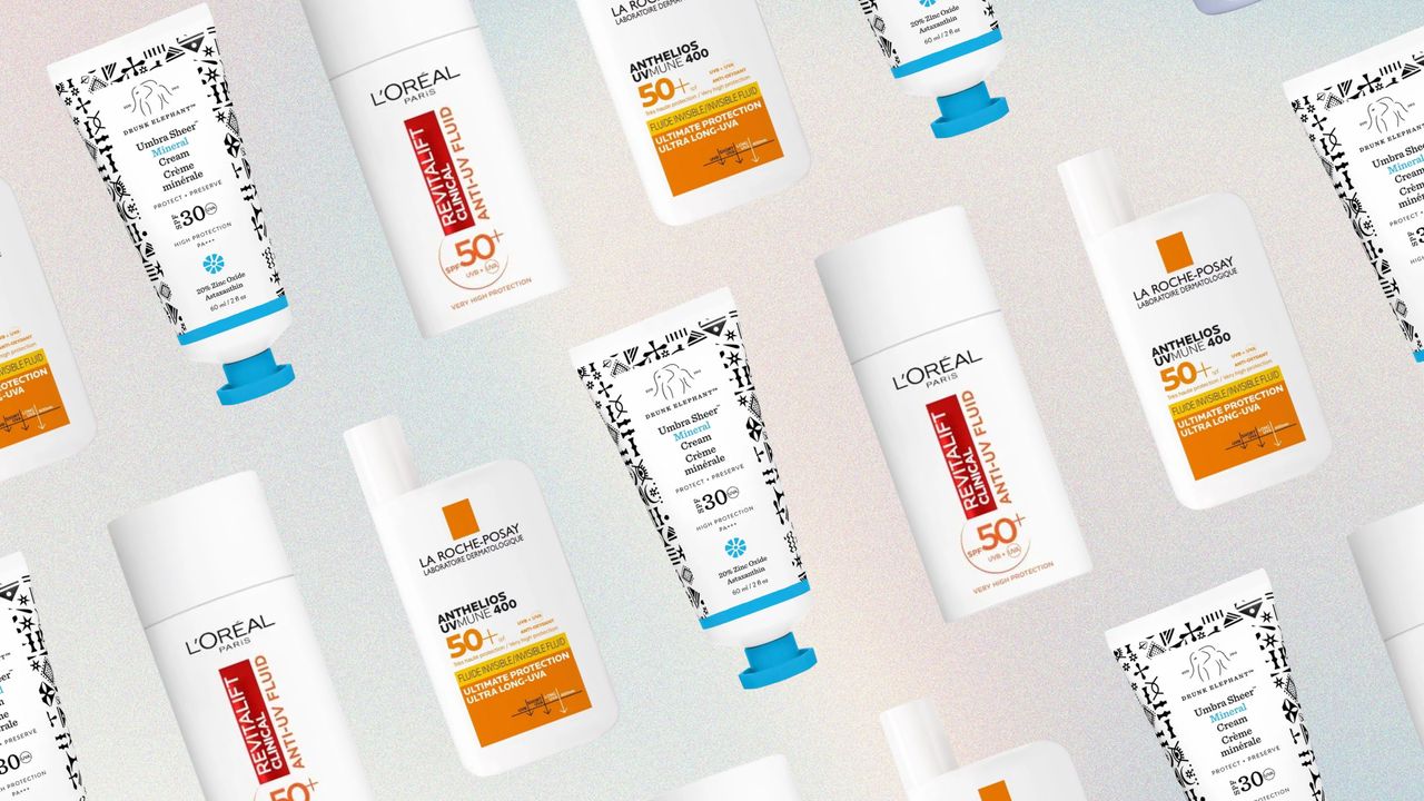 Collage of three of the best facial sunscreens featured in this guide from L'Or&eacute;al Paris, La Roche-Posay and Drunk Elephant, repeated at an angle against an ombr&eacute; effect background