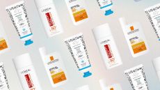 Collage of three of the best facial sunscreens featured in this guide from L'Oréal Paris, La Roche-Posay and Drunk Elephant, repeated at an angle against an ombré effect background