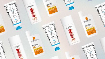 Collage of three of the best facial sunscreens featured in this guide from L'Or&eacute;al Paris, La Roche-Posay and Drunk Elephant, repeated at an angle against an ombr&eacute; effect background