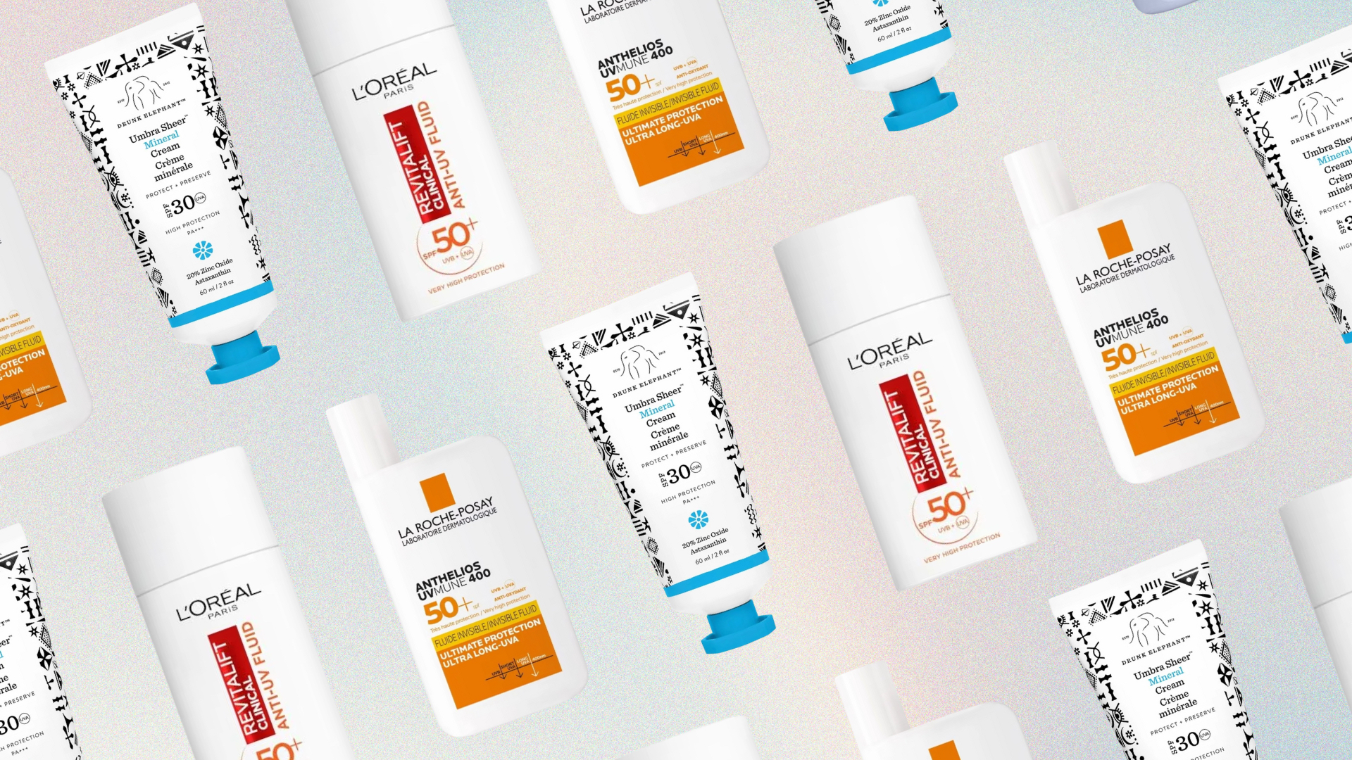 Collage of three of the best facial sunscreens featured in this guide from L'Or&eacute;al Paris, La Roche-Posay and Drunk Elephant, repeated at an angle against an ombr&eacute; effect background
