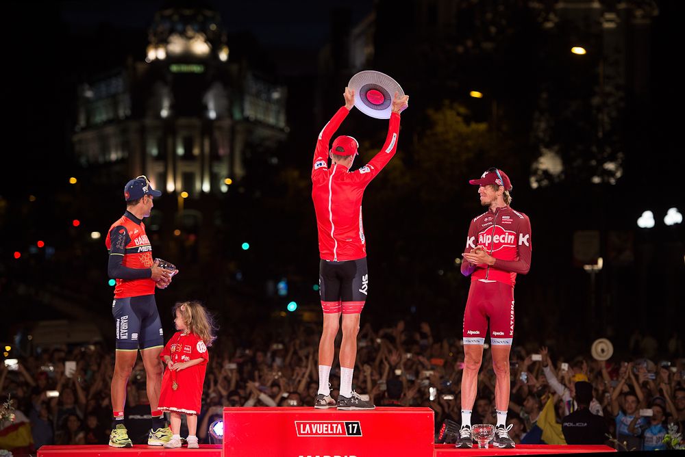 Chris Froome, Vincenzo Nibali and Ilnur Zakarin on the 2017 Vuelta podium