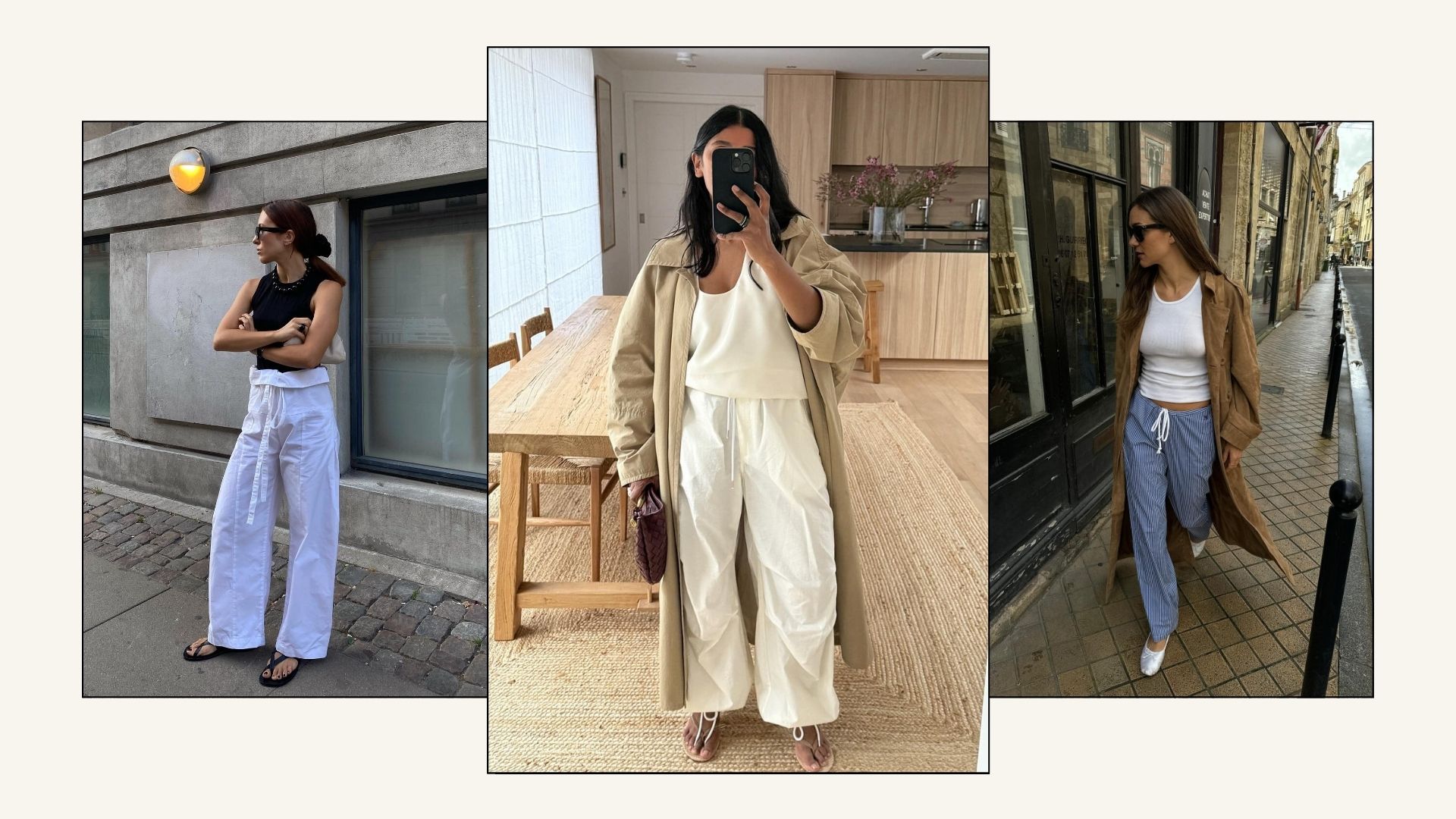 Three women wearing drawstring trousers