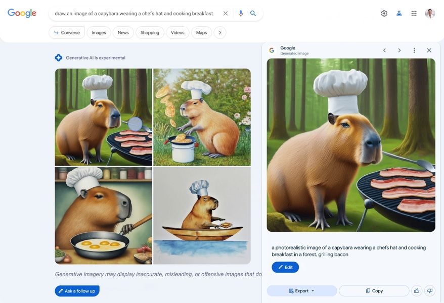 An AI-generated image of a capybara chef, courtesy of Google's SGE experiment.