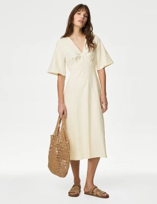 M&S Linen Blend V-Neck Midaxi Tea Dress