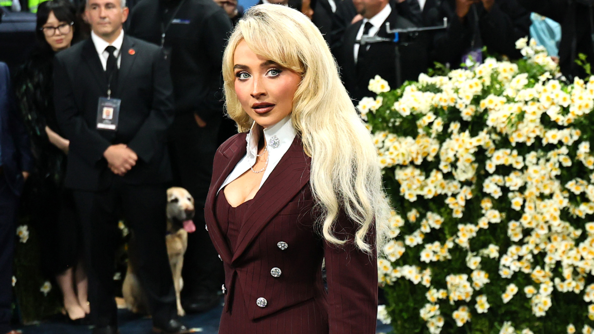 Sabrina Carpenter in a tailored bodysuit on the Met Gala 2025 red carpet