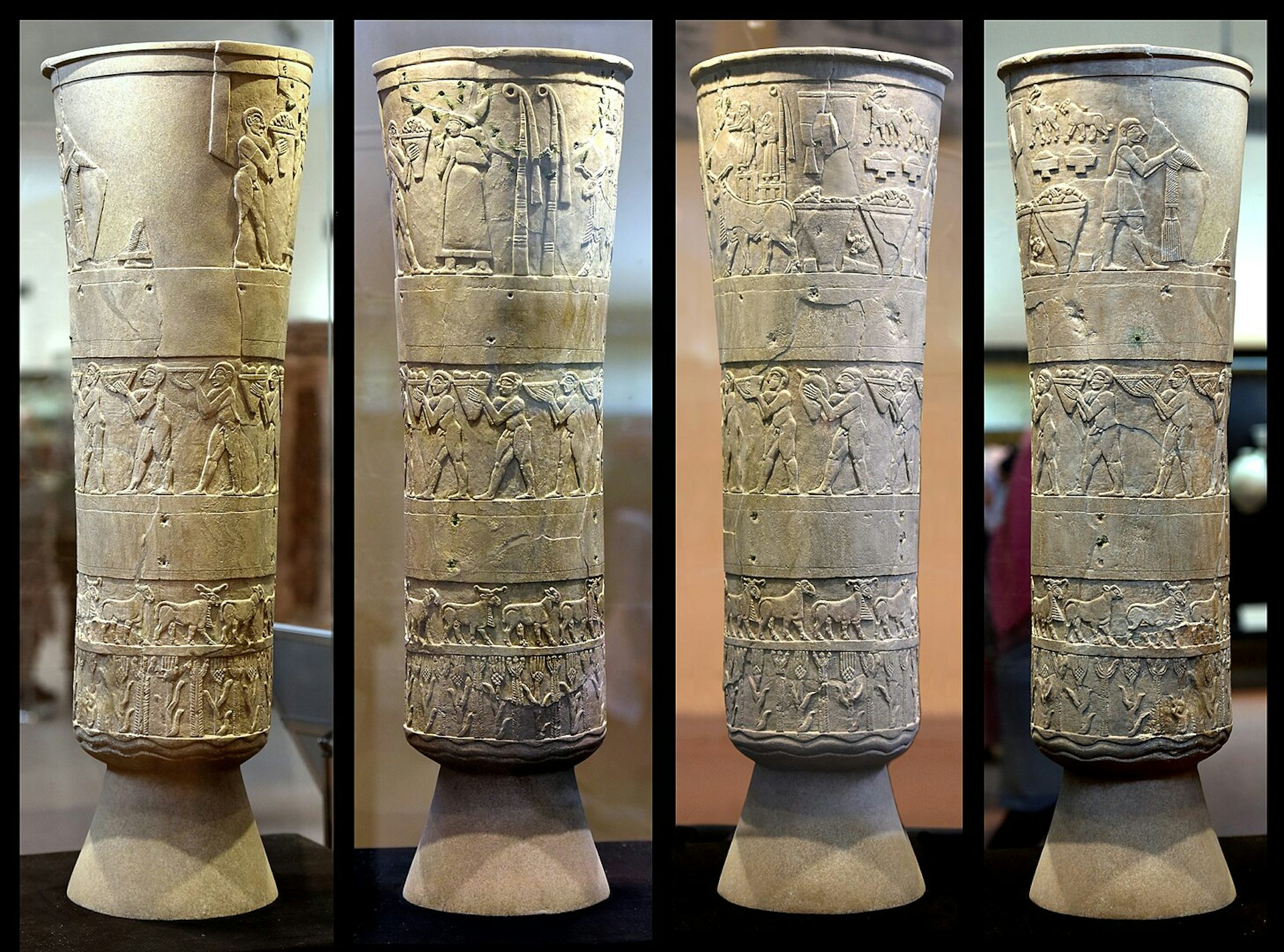 Four images of the Warka Vase.