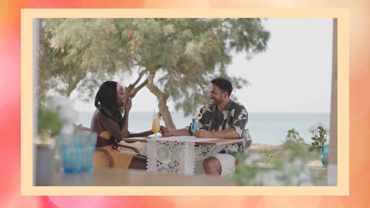 Lochan and Whitney on a date in Love Island drinking, with an orange border around the image