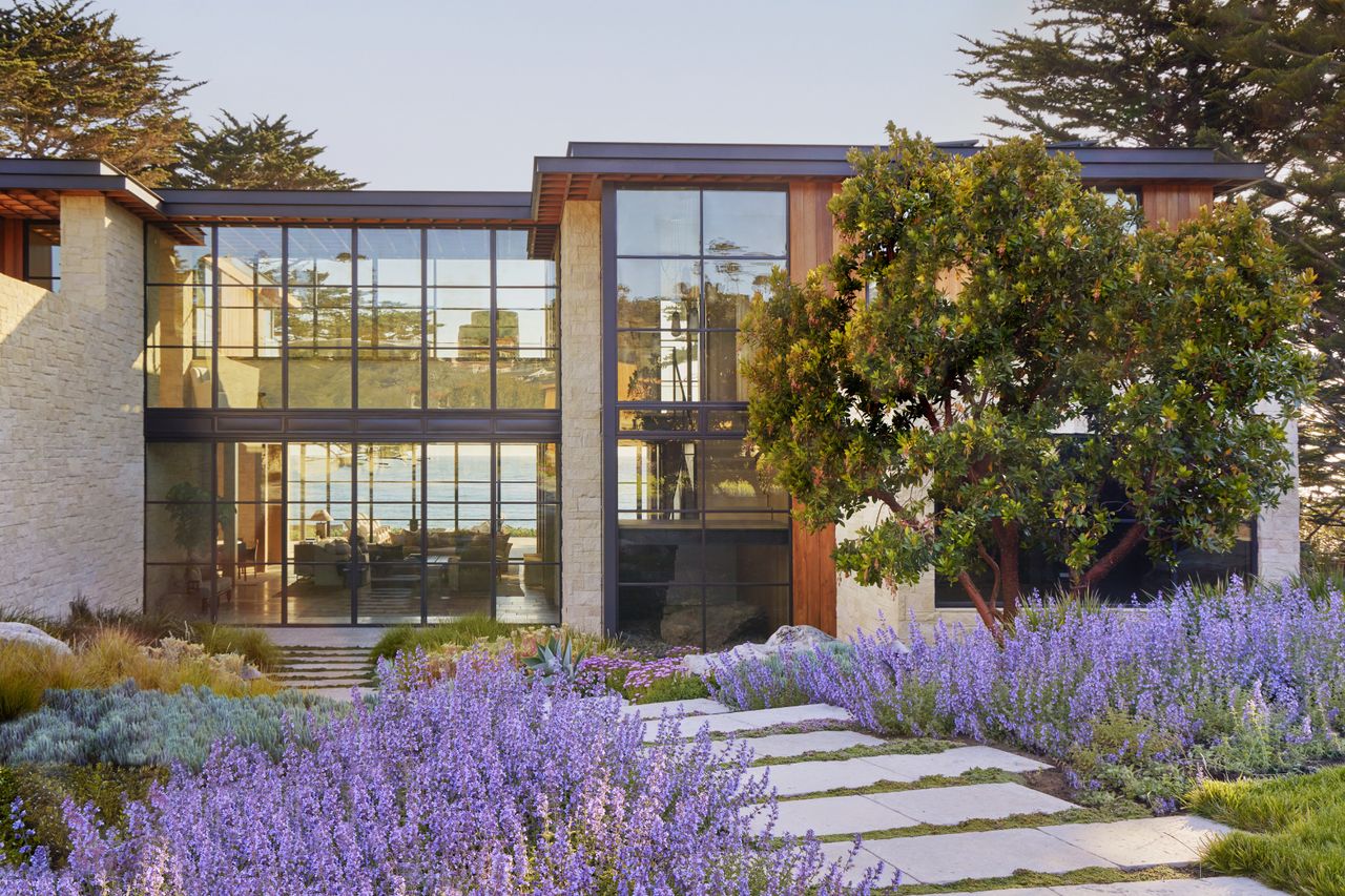 a modern house surround by purple blooming flowers