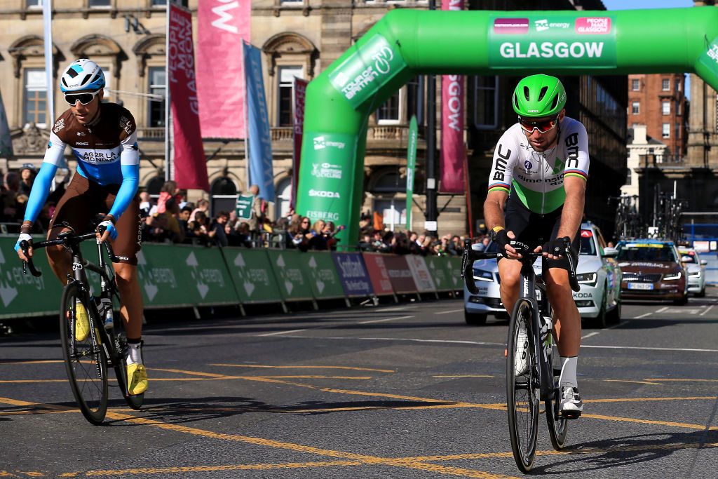 Mark Cavendish (Dimension Data) comes over the line