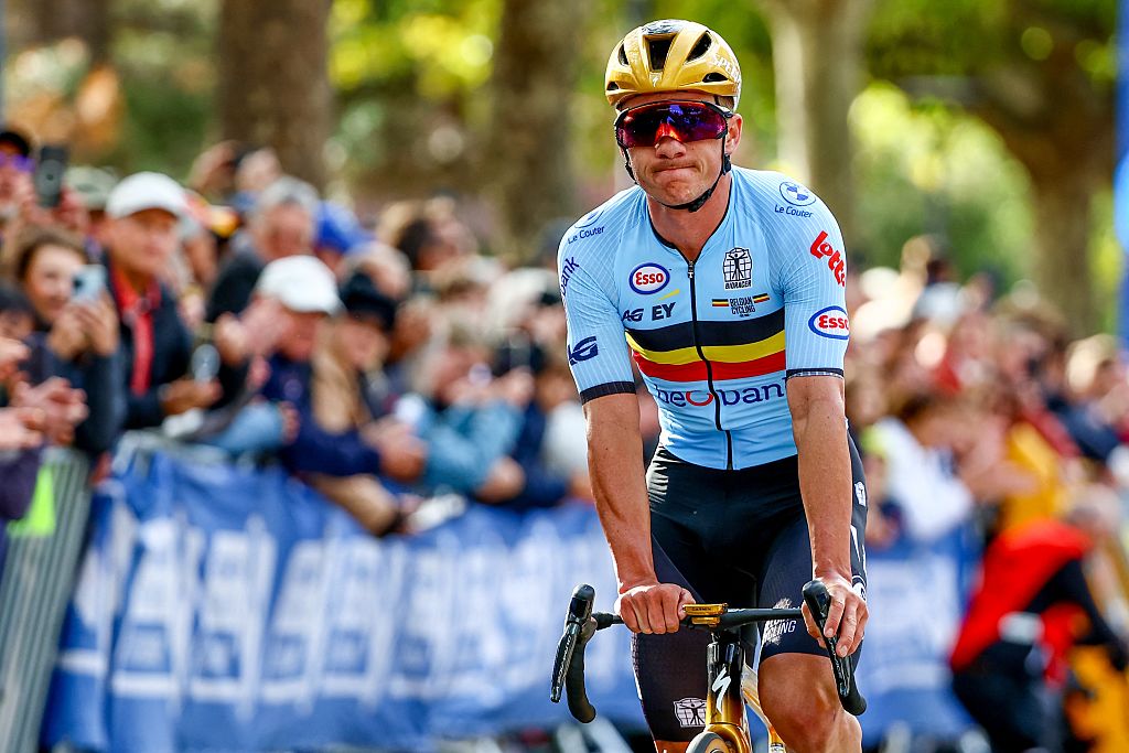 Belgium Remco Evenepoel pictured after the Men Elite raod race, a 202,5 km from Privas to Guilherand-Granges, at the UEC road European cycling championships, Sunday 05 October 2025, France. The European cycling championships Drome-Ardeche takes place from 1 to 5 October, France. BELGA PHOTO DAVID PINTENS (Photo by DAVID PINTENS / BELGA MAG / Belga via AFP)