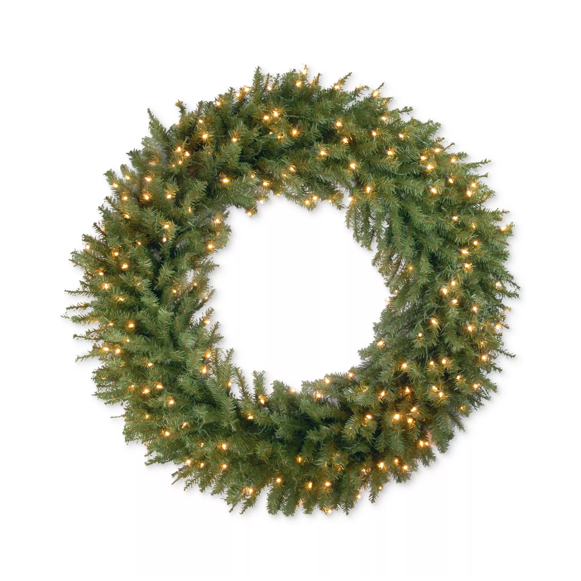 a large faux wreath with lights