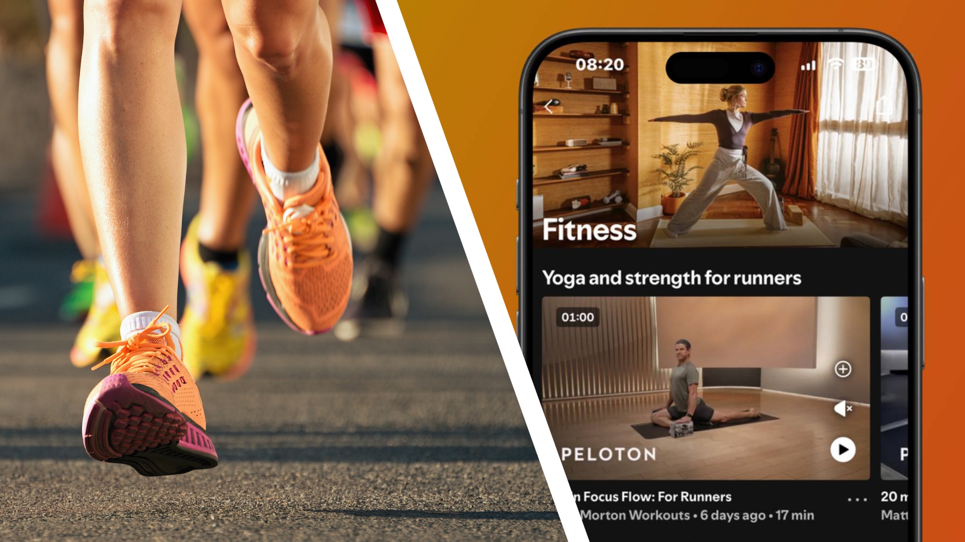 A close up of a group of runners shoes next to a smartphone showing Spotify's Fitness hub