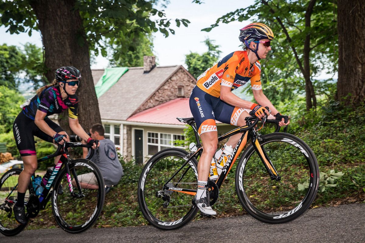 Megan Guarnier (Boels Dolmans) leads over todays climb