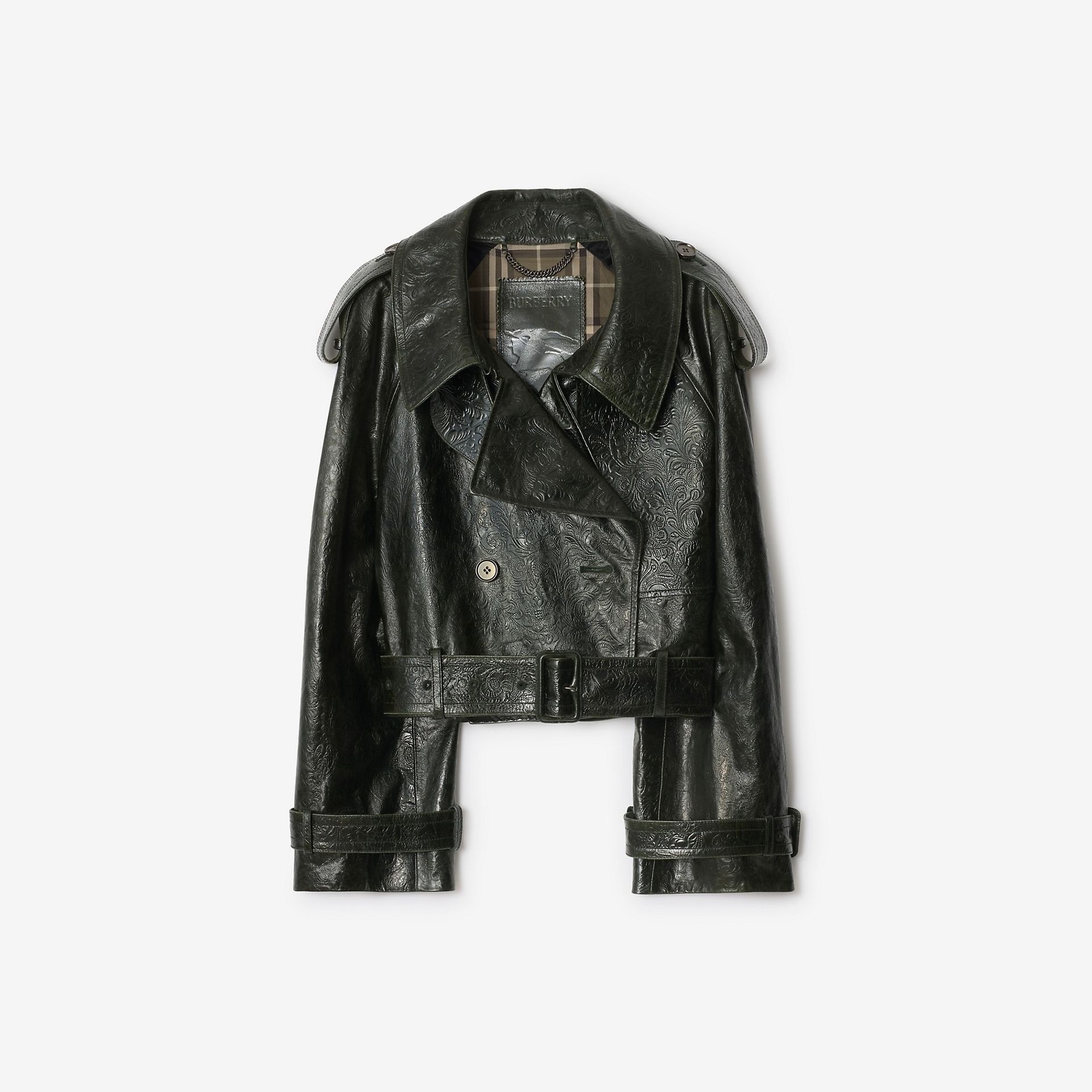 Cropped Embossed Leather Trench Jacket in Moat Green - Women, Suede | Burberry® Official