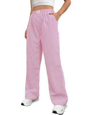 Oyoangle Women's Straight Wide Leg Trousers Striped Print Letter Patched Detail High Waist Y2k Fashion Pants Pink Small