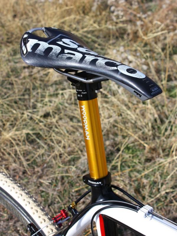 Parbo's well-used Selle San Marco Magma saddle is bolted atop a Woodman Components aluminum post.