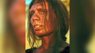 Reconstruction of neanderthal woman. We see her concerned face and brown hair.