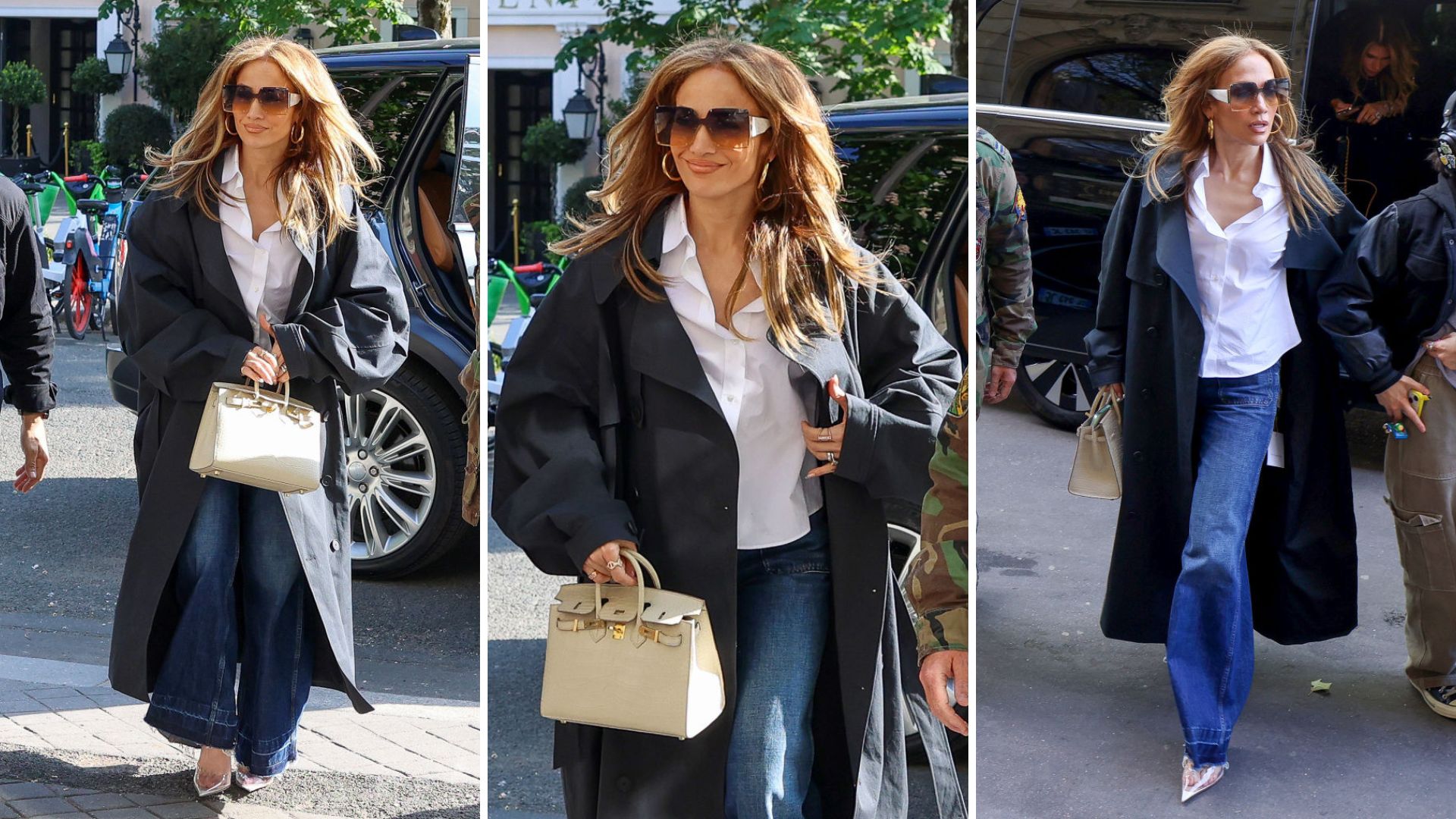 J.Lo nails Parisian chic in a crisp white shirt and relaxed wide leg ...