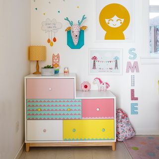 Kids room with patterned and colourful chest of drawers and wall decor